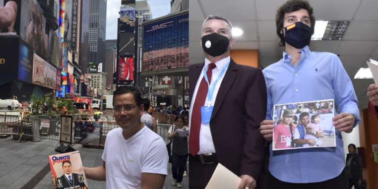 A la izquierda, Arias, paseando por New York en 2015, promocionando su revista Quinto Poder con el alto dirigente del MAS, Héctor Arce en tapa. A la derecha, Entrambasaguas en La Paz, este 2020, presentando una denuncia en la Fiscalía contra Evo Morales, acompañado del abogado opositor Eduardo León. | Facebook