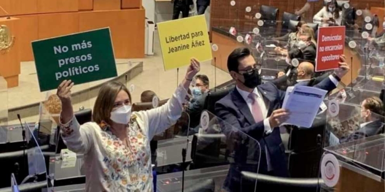 La senadora Xóchitl Gálvez Ruiz exhibió un par de cartulinas con las leyendas “No más presos políticos” y “Libertad para Jeanine Áñez” | Foto: RRSS