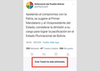 Tweet eliminado en la cuenta de la Defensoría del Pueblo