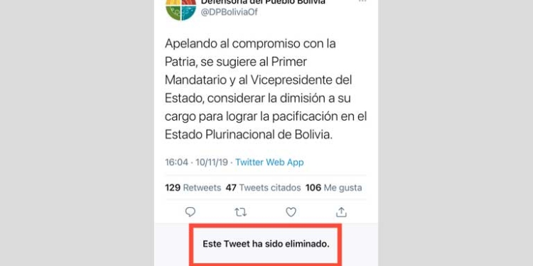 Tweet eliminado en la cuenta de la Defensoría del Pueblo