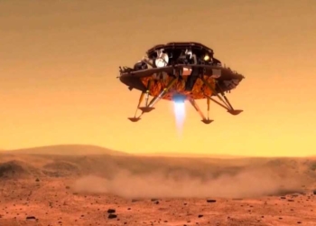 Ilustración del  Tianwen-1, aterrizando en el Planeta Rojo. (Crédito de la imagen: CCTV / Administración Nacional del Espacio de China)