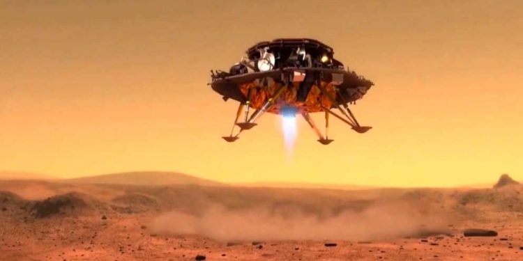 Ilustración del  Tianwen-1, aterrizando en el Planeta Rojo. (Crédito de la imagen: CCTV / Administración Nacional del Espacio de China)