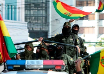 Policías con banderas en las patrullas (Reuters)