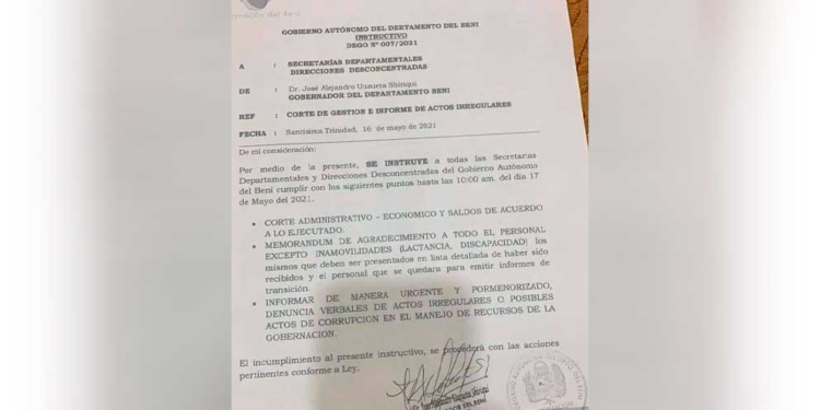 Gobernador del Beni instruye se despida a todo el personal de anterior gestión