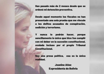 Áñez denuncia que dos meses después de su detención en Bolivia "no se ha presentado una sola prueba" contra ella