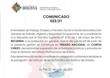 Ministerio de Trabajo confirma feriado para mañana jueves por Corpus Christi