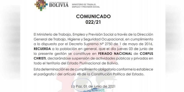 Ministerio de Trabajo confirma feriado para mañana jueves por Corpus Christi