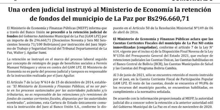 Gobierno: Alcaldía de La Paz tiene retenido sólo el 0,02% de su presupuesto anual de Bs. 134 millones