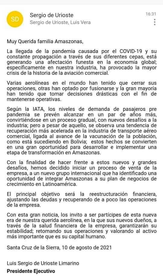 Crisis obliga a empresarios bolivianos vender Amaszonas