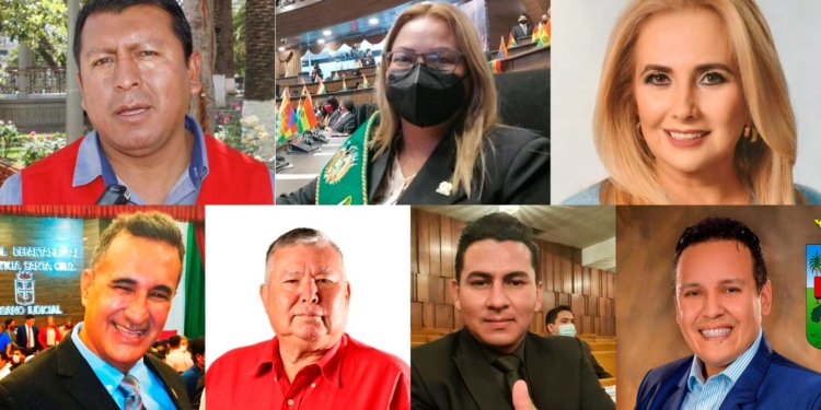 Los diputados de Comunidad Ciudadana (CC) Edwin Rosas y Keyla Ortiz y los de Creemos Sandra Paz, Runny Callaú, Tito Caero, Omar Rueda y José Luis Durán. Foto: Composición Página Siete.