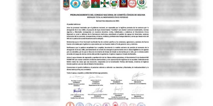 Comités cívicos de ocho Departamentos expresan solidaridad con Potosí
