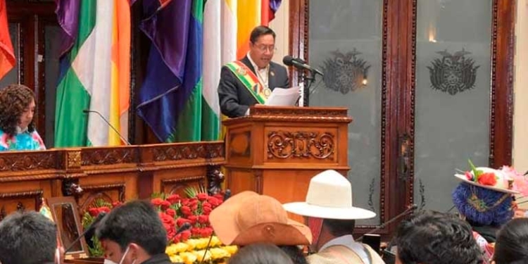 El presidente Luis Arce, en su discurso conmemorando los 13 años del Estado Plurinacional