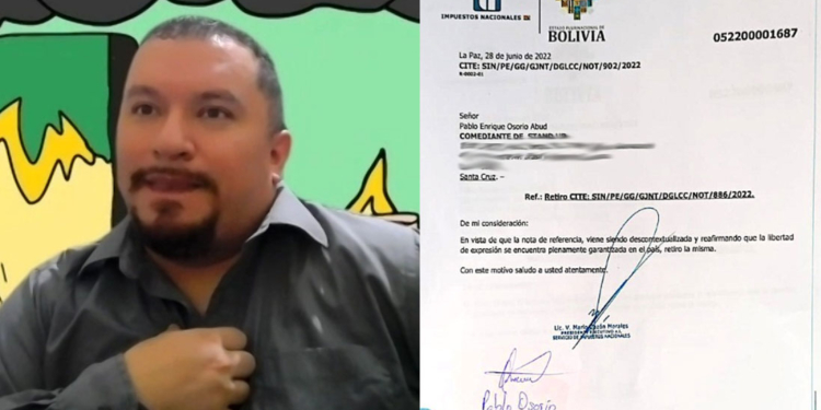 El comediante Osorio en entrevista con ERBOL y la segunda carta que le envió Impuestos.