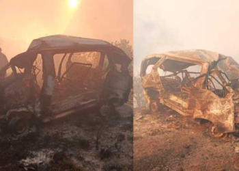 Vehículo incendiado tras el embarrancamiento. Foto: Gentileza