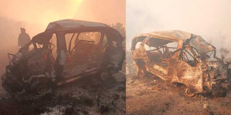 Vehículo incendiado tras el embarrancamiento. Foto: Gentileza