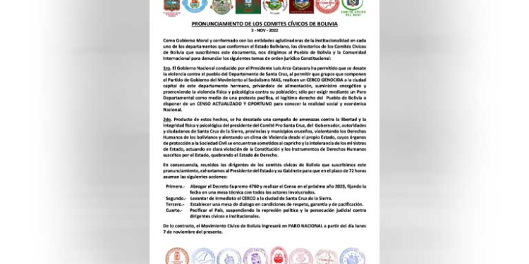 Cívicos advierten con paro nacional desde el lunes en demanda de Censo en 2023