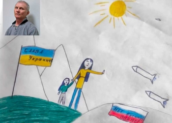 El dibujo de Masha Moskaleva, en una imagen de la BBC. Arriba, el padre de la menor, Alexéi Moskaliov.OLGA PODOLSKAYA