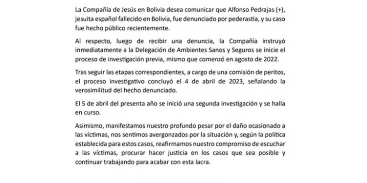 La Compañía de Jesús en Bolivia investiga acusaciones de pederastia contra sacerdote fallecido