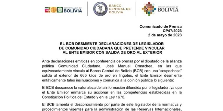El Banco Central de Bolivia desmiente vinculación con sospechosa salida de oro al exterior