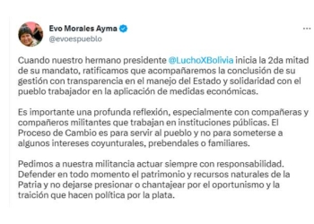 Evo Morales ratifica su apoyo a Luis Arce y llama a la militancia del MAS a actuar con responsabilidad.