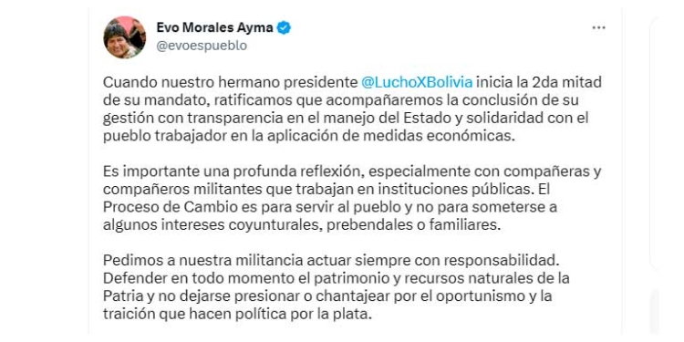 Evo Morales ratifica su apoyo a Luis Arce y llama a la militancia del MAS a actuar con responsabilidad.