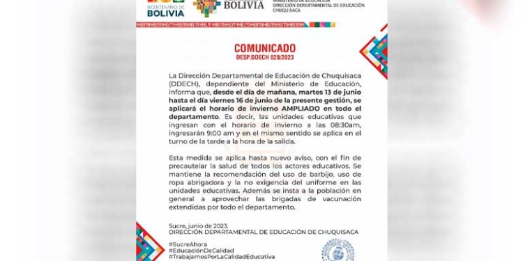 Amplían horario de invierno en Chuquisaca para proteger la salud de los estudiantes