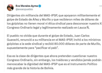 Evo Morales Responde a la COB: "Traidores y vendidos jamás podrán menoscabar la dignidad del MAS-IPSP"