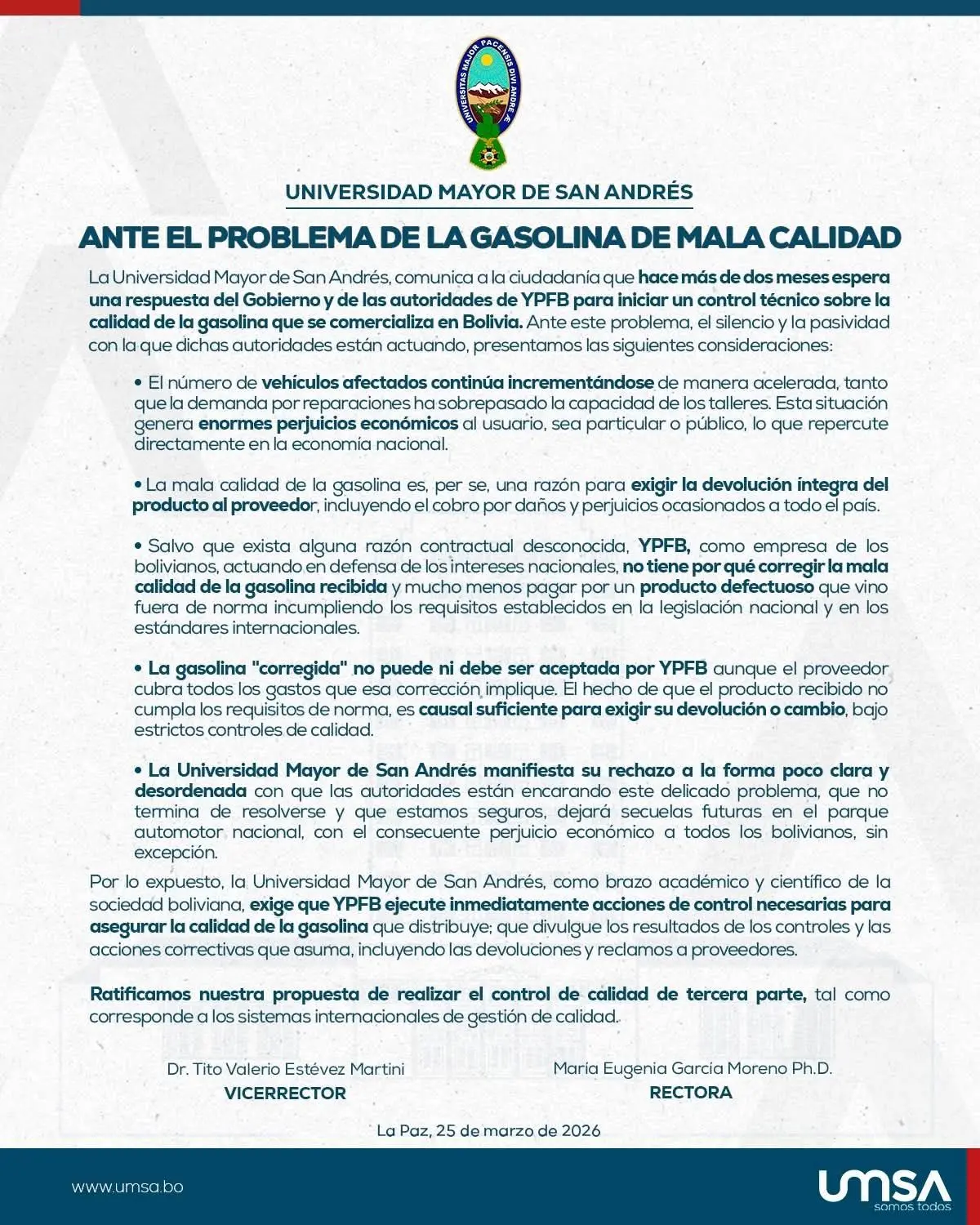 UMSA lanza dura advertencia: gasolina “defectuosa” golpea al país y exige acciones inmediatas