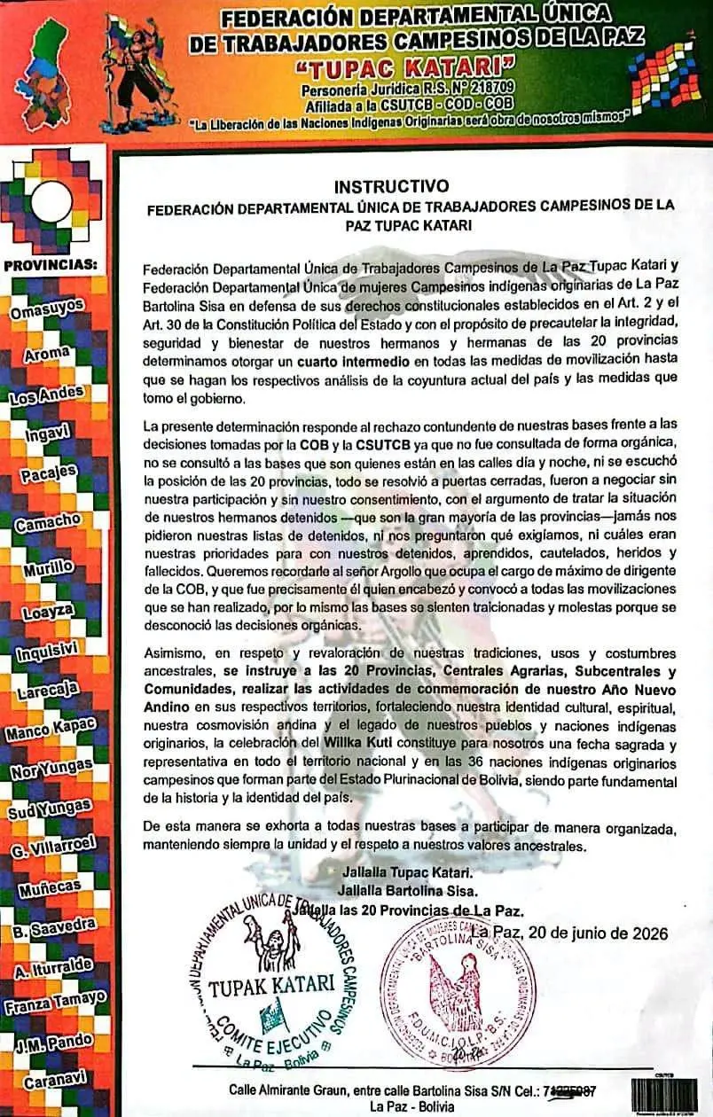 Túpac Katari levanta bloqueos y llama a celebrar el Año Nuevo Aymara